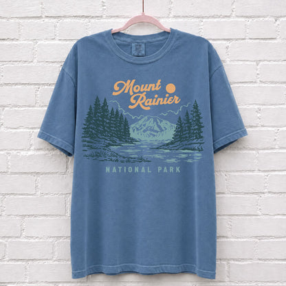 Retro Mount Rainier National Park T-Shirt in Blue Jean