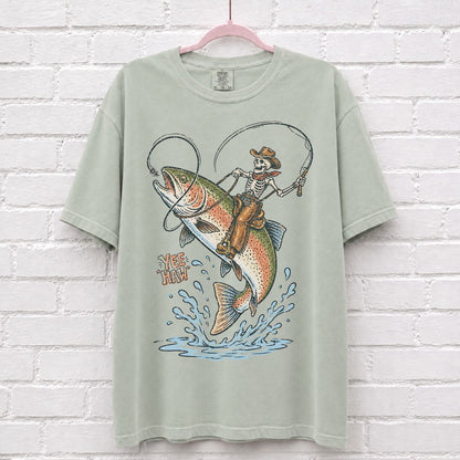 Cowboy Skeleton Riding Rainbow Trout Fish T-Shirt