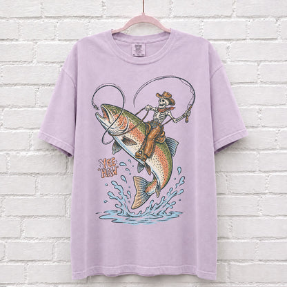 Cowboy Skeleton Riding Rainbow Trout Fish T-Shirt