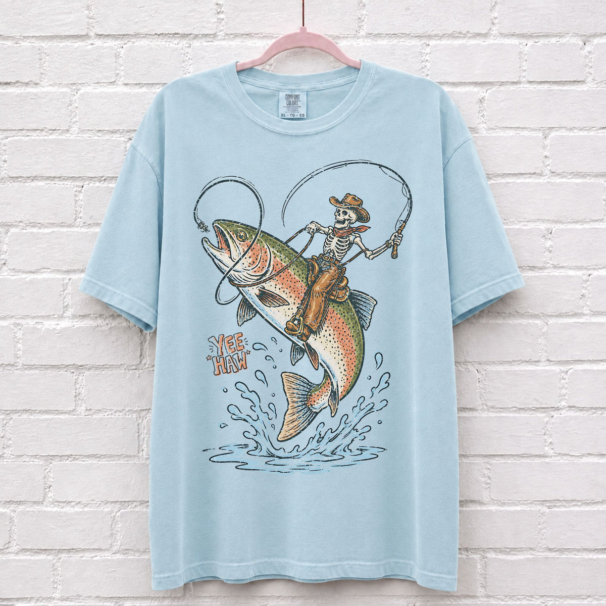 Cowboy Skeleton Riding Rainbow Trout Fish T-Shirt