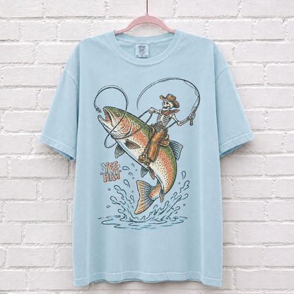 Cowboy Skeleton Riding Rainbow Trout Fish T-Shirt