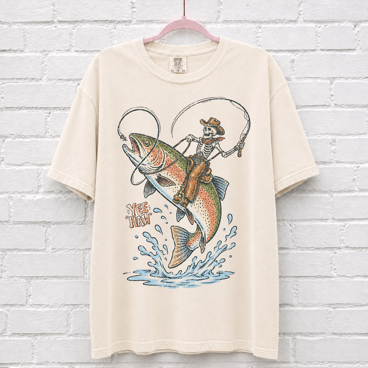 Cowboy Skeleton Riding Rainbow Trout Fish T-Shirt
