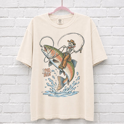 Cowboy Skeleton Riding Rainbow Trout Fish T-Shirt