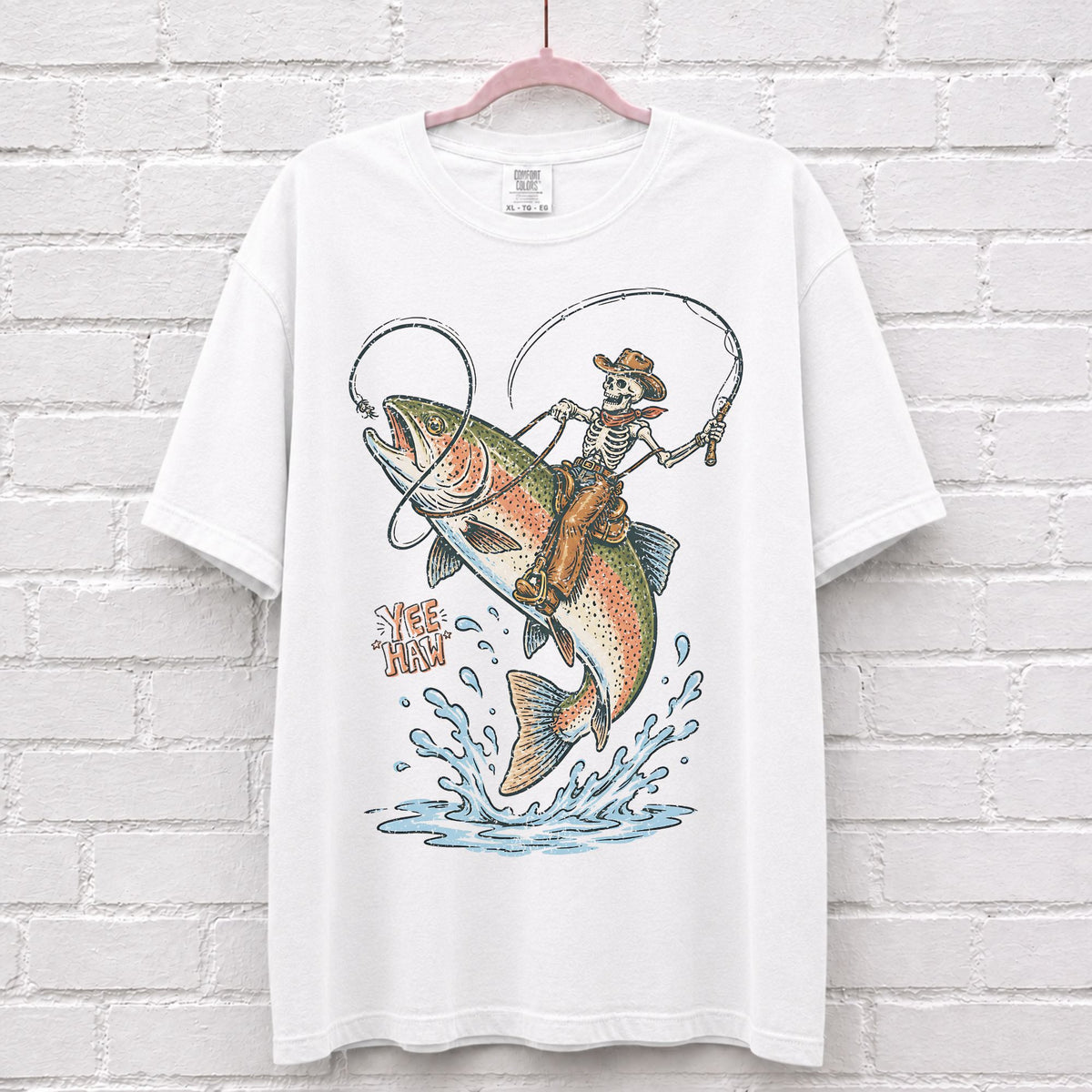 Cowboy Skeleton Riding Rainbow Trout Fish T-Shirt