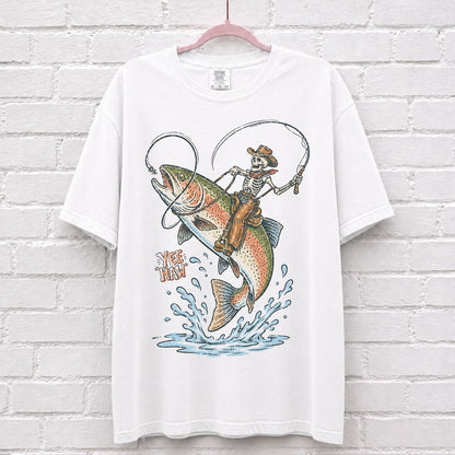 Cowboy Skeleton Riding Rainbow Trout Fish T-Shirt