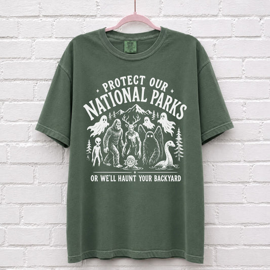 Protect Our National Parks Cryptid Graphic T-Shirt in Moss